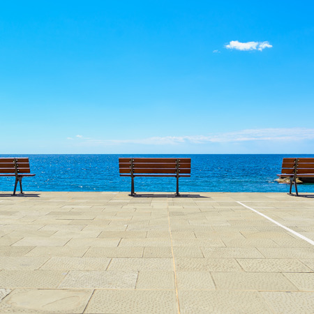 Ocean abstract, bench and terrace floor. Ligury, Italyの写真素材