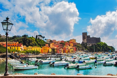 Lerici colorful village. Harbor sea bay boats fortress and houses. Five lands Cinque Terre Ligury Italy Europe.のeditorial素材