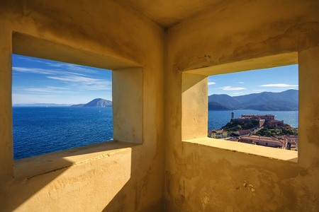 Elba island, Portoferraio aerial view from old windows, Lighthouse and fort. Tuscany, Italy, Europe.のeditorial素材