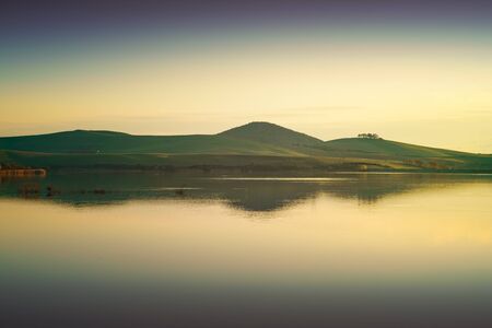 Tuscany, Santa Luce lake panorama on sunset, Pisa, Italy Europeの写真素材