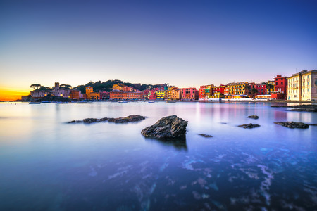 Sestri Levante silence bay or Baia del Silenzio rocks, sea and beach view on sunset. Liguria, Italy.の写真素材