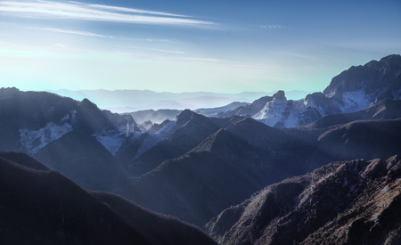 Alpi Apuane mountains and marble quarry view at sunset. Carrara, Tuscany, Italy, Europe.の写真素材