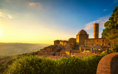 Tuscany, Volterra town skyline, church and panorama view on sunset. Maremma, Italy, Europeの写真素材