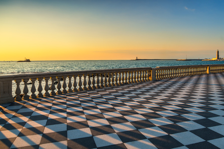 Mascagni Terrazza terrace belvedere seafront and harbour entrance at sunset. Livorno Tuscany Italy Europe.の写真素材