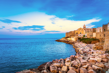 Vieste town on the rocks, Gargano peninsula, Apulia, southern Italy, Europe.の写真素材