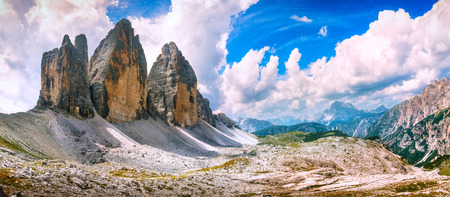 Tre Cime di Lavaredo mountain group panoramic view. Dolomiti Italian Alps, Veneto, Italy, Europe.の写真素材