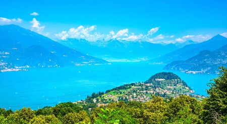 Bellagio town aerial view in Como lake district. Italian traditional lake village. Italy, Europe.