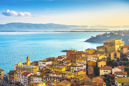 Porto Santo Stefano village, church and castle aerial view, italian travel destination. Monte Argentario, Tuscany, Italy.の写真素材