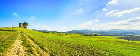 Tuscany, Maremma countryside landscape. Old windmill and trees on top of the hill. Bibbona, Livorno,...