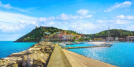 Porto Ercole village and boats in the harbour. Monte Argentario, Maremma Grosseto Tuscany, Italy