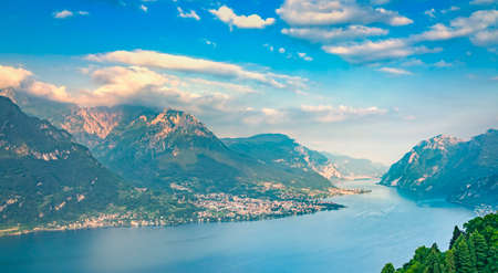Como Lake panoramic landscape. Lake, Alps and Mandello del Lario village view from Civenna. Italy,...