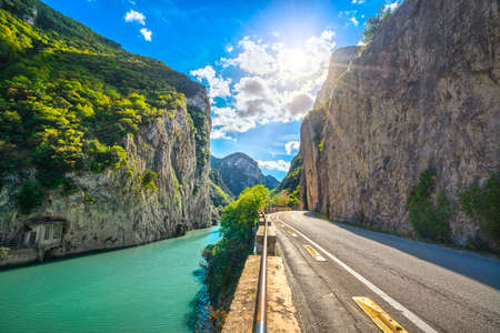 Furlo Pass or Gola del Furlo canyon, road, river and gorge on the ancient Roman road Via Flaminia. Natural reserve. Urbino and Pesaro, Marche region, Italy, Europe.の写真素材