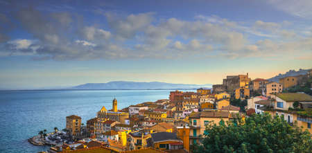 Porto Santo Stefano village, church and castle, italian travel destination. Monte Argentario, Tuscany, Italy.の写真素材