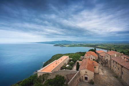 Populonia old village and Baratti gulf panoramic aerial view from fortress tower. Piombino, Livorno province, Tuscany region, Italy.のeditorial素材