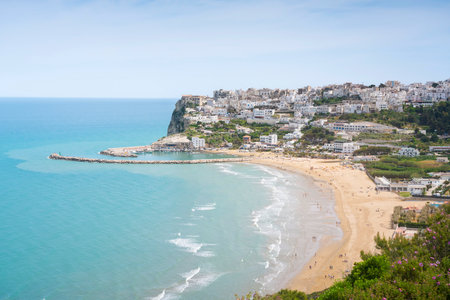 Peschici white village and beach, Gargano peninsula, Puglie region, Italy, Europe.の写真素材