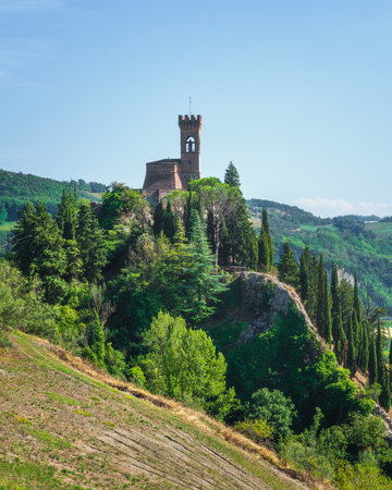 Brisighella historic clock tower on the cliff. This 1800s architecture is known as the Torre dell'Orologio. Ravenna province, Emilia Romagna region, Italy, Europeの写真素材