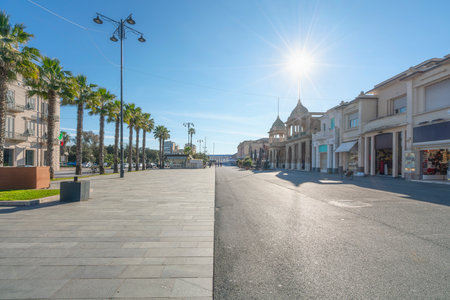 Famous Passeggiata a mare, seafront footpath promenade in Viareggio, Versilia, Lucca Tuscany, Italy Europe.の写真素材