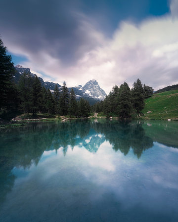 The Blue Lake (Lago blu in italian) and the reflected Matterhorn (Cervino in italian). Cervinia,...