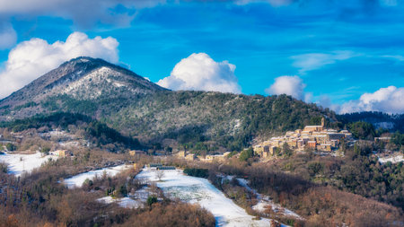 Snow in Tuscany, winter panorama of Gerfalco village in Colline Metallifere. Province of Grosseto, Tuscany region, Italy, Europe.の写真素材