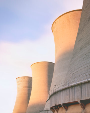Cooling towers in geothermal power plant at sunset. Larderello, Tuscany region, Italy. Geothermal power is a form of alternative and sustainable energy production.の写真素材