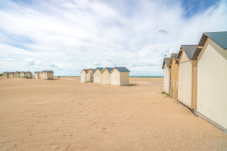 Cabins or Beach Huts on the atlantic ocean beach. Ouistreham, Calvados department, Normandy region, France, Europe.の写真素材
