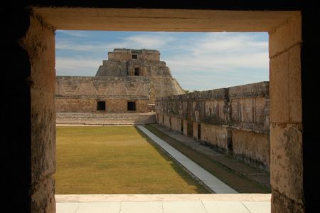 Uxmal Pyramid framed by doorway