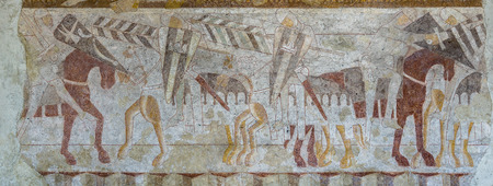 Christian knights against pagan. Medieval fresco of a battle, Knights in armor, Hojen church, Denmark, July 16, 2015, ,のeditorial素材