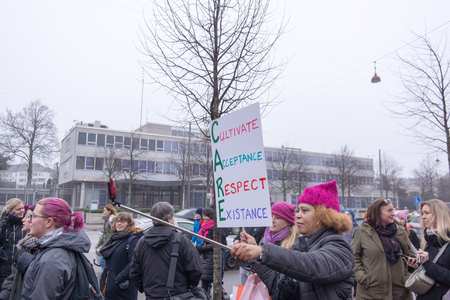 Women  march en masse in front of US embassy in Copenhagen against Donald Trump, January 21, 2017,