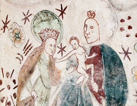 Virgin Mary with a crown on her head and  Saint Anne holding the christchild, Gothic wall-painting in Linderod church, Sweden, September 12, 2009,のeditorial素材