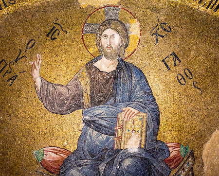 Byzantine Mosaic of Christ pantocrator, sitting on a throne, Pammakaristos church in Istanbul, Tyrkey - October 11, 2013のeditorial素材