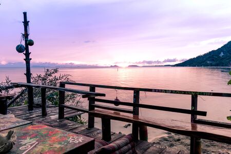 Sunset from a waterfront hippie bar in Thailand, Esco bar at Sunset beach, Haad Rin, Koh Pangan, Thailand, May 04, 2016,のeditorial素材