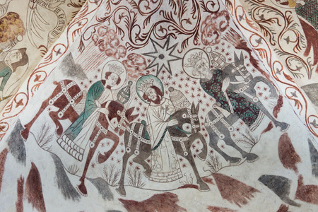 The three wise men with their gifts. Fresco in a danish church. Over Draby, nov 14, 2016,のeditorial素材