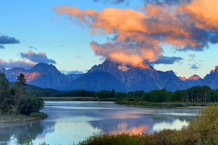 Sunrise at Oxbow Bend at Grand Teton National Park in Wyomingの写真素材