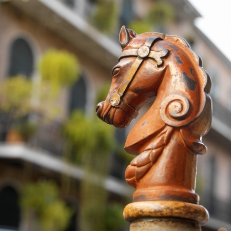 Horses head design on railings in Bourbon Street in the French Quarter of New Orleans in Louisiana, United States of Americaの写真素材