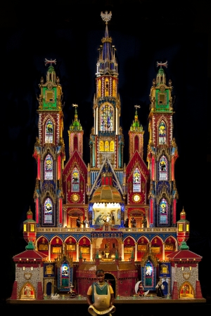 A traditional Krakow Nativity Scene at Christmas in the Franciscan Church in the city of Krakow in Poland  These colorful structures are unique to Krakow  An annual nativity scene contest is held each December in Krakow の写真素材