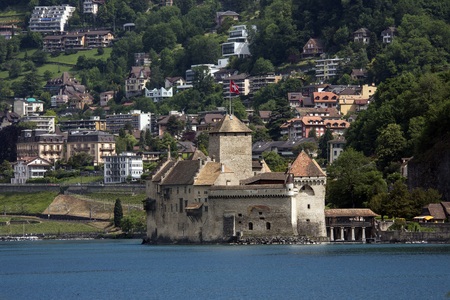 The medieval castle of Chateau de Chillon on the north shore of Lake Geneva in Switzerland  Parts of the castle date from 1005AD のeditorial素材