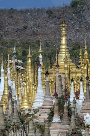 Overview of the Shwe Inn Thein Paya temple complex at Ithein  also Indein  near Inle Lake in Shan State in central Myanmar  Burma  の写真素材
