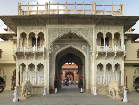 Rajendra Pol gateway at the City Palace in the city of Jaipur in Rajasthan in western India.のeditorial素材