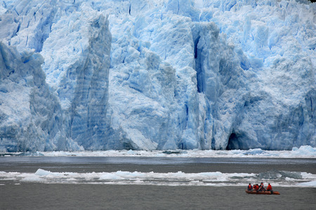 Adventure Tourism  Tourists in a zodiac view the terminus of the San Rafael Glacier in Patagonia in southern Chile in South America のeditorial素材