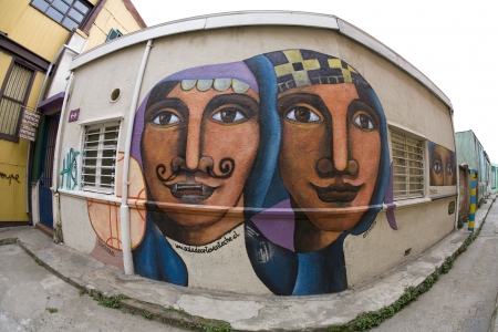 Street art (graffiti) in the port of Valparaiso in Central Chile. South America. Valparaiso is 75 miles (120km) northeast of Santiago on the Pacific coast.のeditorial素材