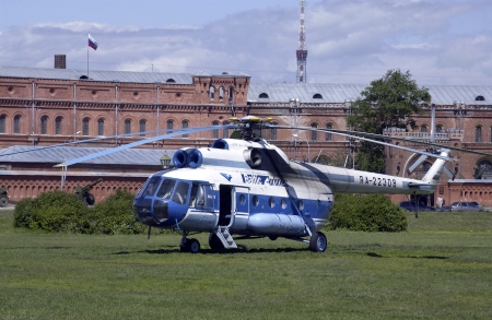 Russian Mil-8 helicopter of Baltic Airlines near government buildings in St Petersburg in the Russian Federation.のeditorial素材