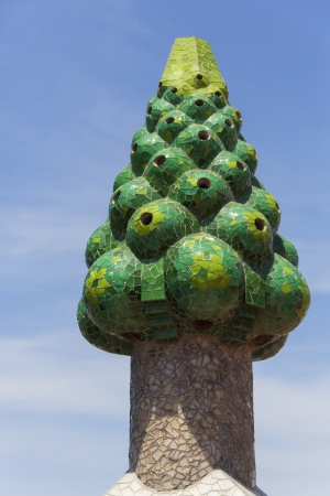 Ornate chimney designs on the roof of Palau Guell in Bacelona, Spain のeditorial素材