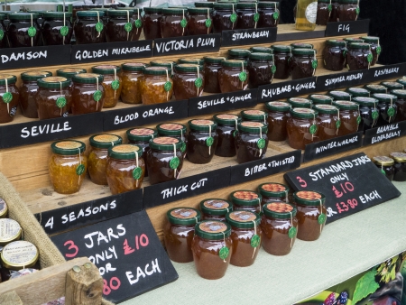 Market stall selling locally made Marmalade and Jams  Jelly  - Yorkshire in north east England のeditorial素材