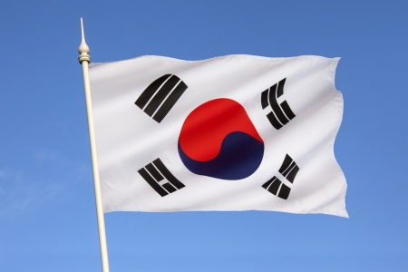 The flag of South Korea, or Taegeukgi has three parts - a white background, a red and blue taegeuk ...
