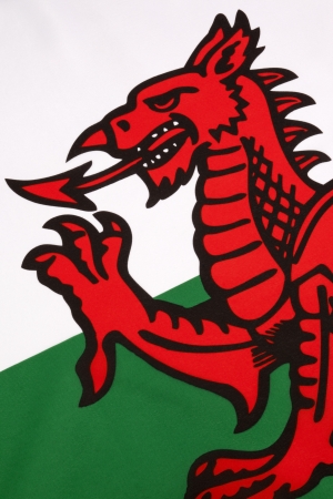 The flag of Wales in the United Kingdom  The flag incorporates the Red Dragon of Cadwaladr, King of Gwynedd, along with the Tudor colours of green and white  の写真素材