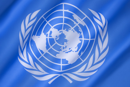 Flag of the United Nations - adopted on 20th October 1947, and consists of the official emblem of the United Nations on a pale blue background.のeditorial素材