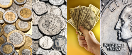 Coins and banknotes - Bimetallic coins from around the world, Silver coins, Handful of US Dollar...