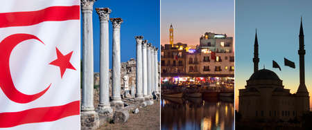 The Turkish Republic of Northern Cyprus - TRNC national flag, Salamis Roman Ruins, The harbor and a mosque at Kyrenia.のeditorial素材
