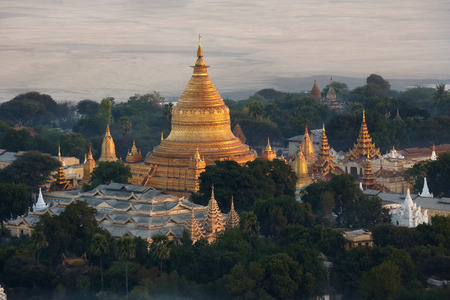 Early morning aerial view of the Shwezigon Pagoda near the Irrawaddy River in Bagan in Myanmar (Burma).の写真素材