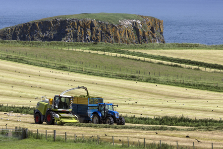 Agriculture - Farm workers collecting silage in the fields near the village of Ballycastle in County Antrim in Northern Ireland. Silage is grass fodder that is compacted and stored in airtight conditions, typically in a silo, without first being dried, toのeditorial素材